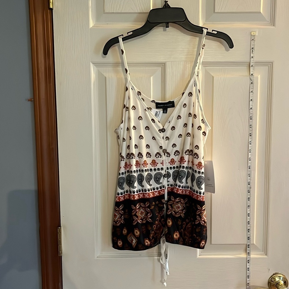 NWT-modern attraction-M-cream-brown, orange, black-adjustable straps, V-neck Top